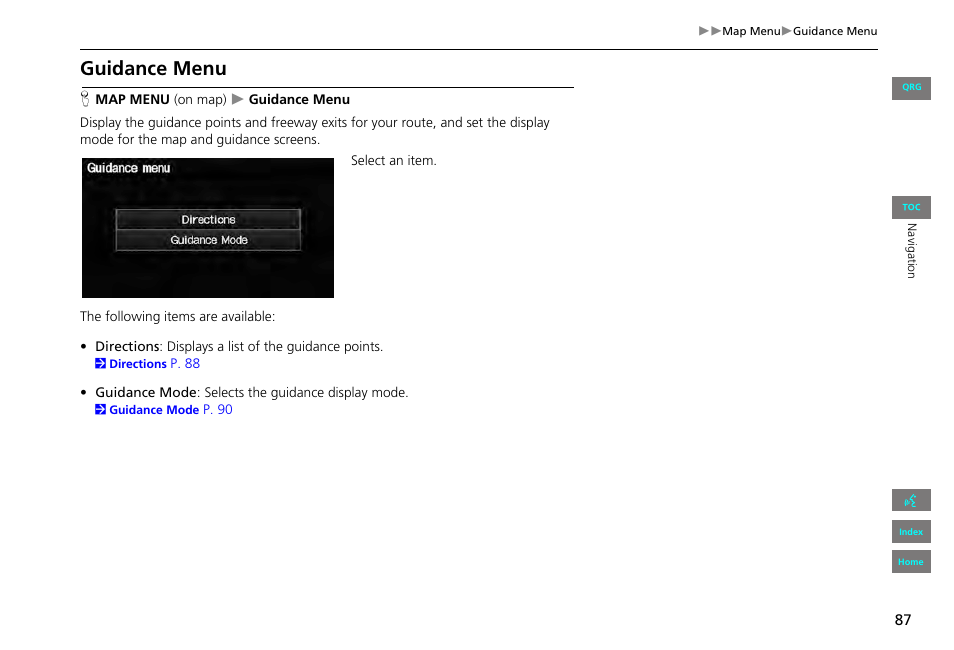 Guidance menu, 2 guidance menu, P. 87 | HONDA 2013 Civic Navigation User Manual | Page 88 / 212