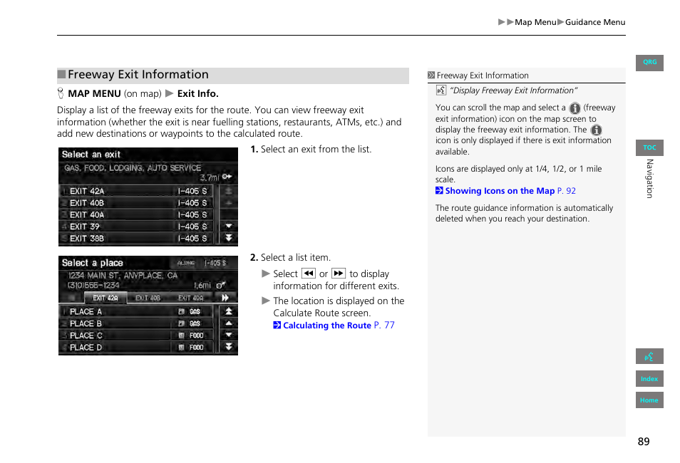 2 freeway exit information, P. 89, Freeway exit information | HONDA 2013 Civic Navigation User Manual | Page 90 / 212