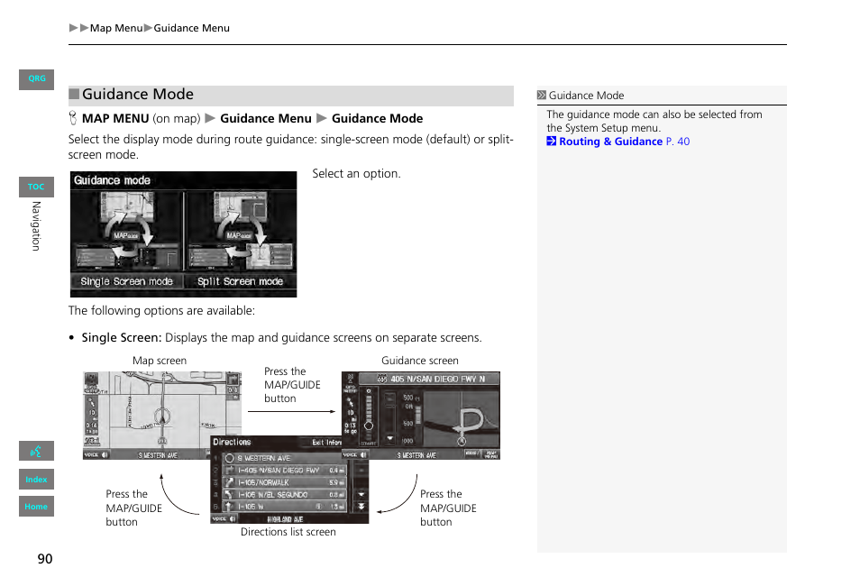 P90), 2 guidance mode, P. 90 | 2 guidance mode p. 90, Guidance mode | HONDA 2013 Civic Navigation User Manual | Page 91 / 212