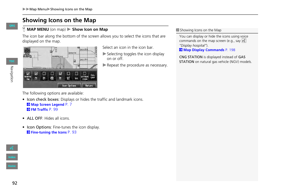 Showing icons on the map, P92), 2 showing icons on the map | P. 92 | HONDA 2013 Civic Navigation User Manual | Page 93 / 212