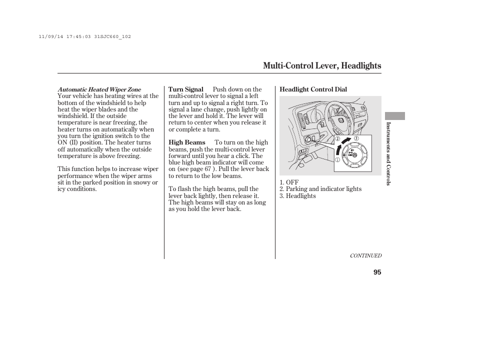 Multi-control lever, headlights | HONDA 2012 Ridgeline User Manual | Page 103 / 430