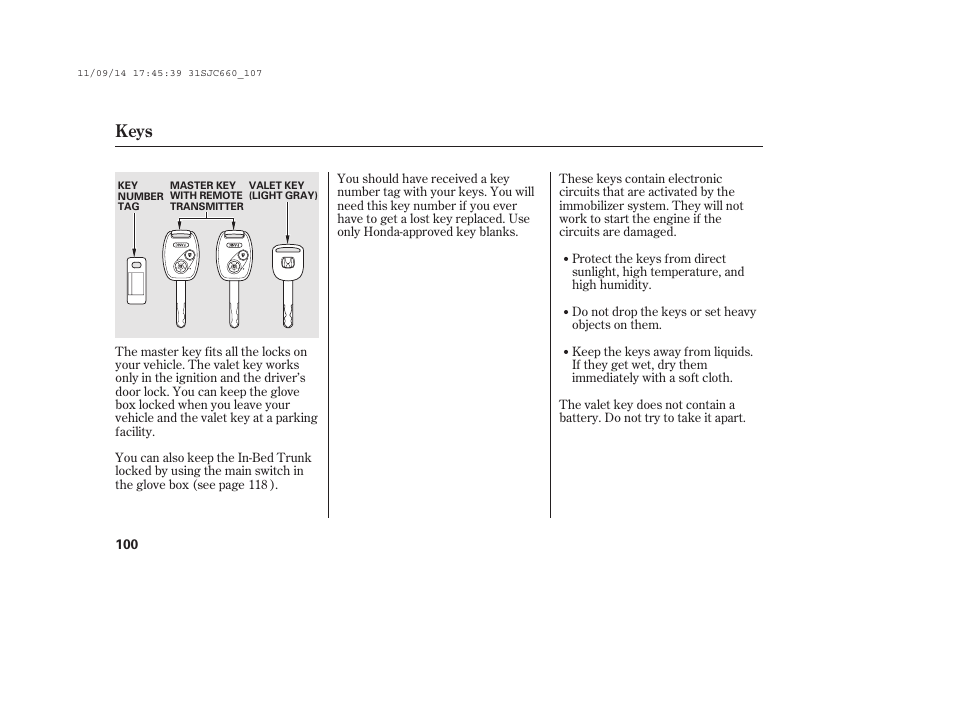 Keys | HONDA 2012 Ridgeline User Manual | Page 108 / 430