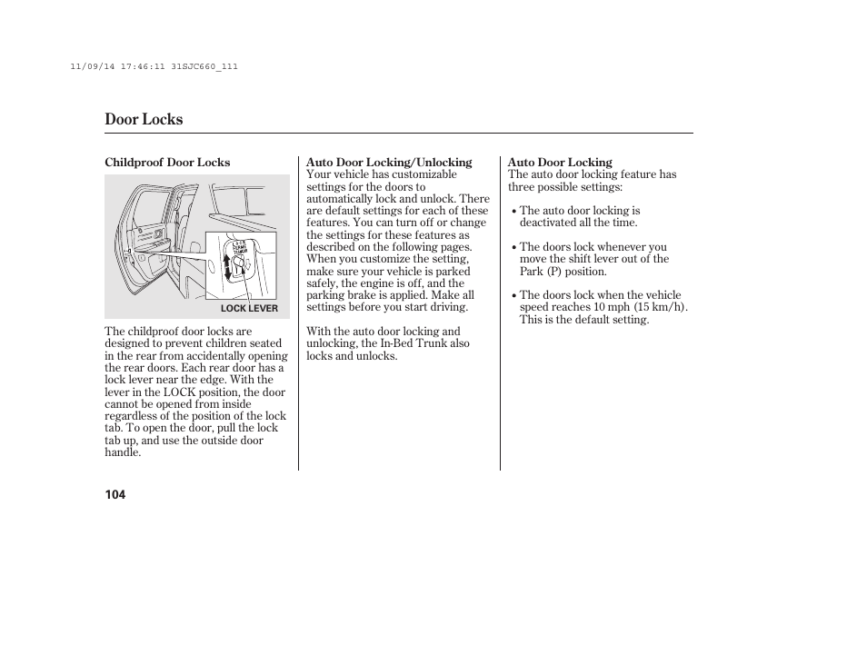 Door locks | HONDA 2012 Ridgeline User Manual | Page 112 / 430