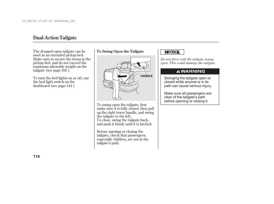 Dual-action tailgate | HONDA 2012 Ridgeline User Manual | Page 122 / 430