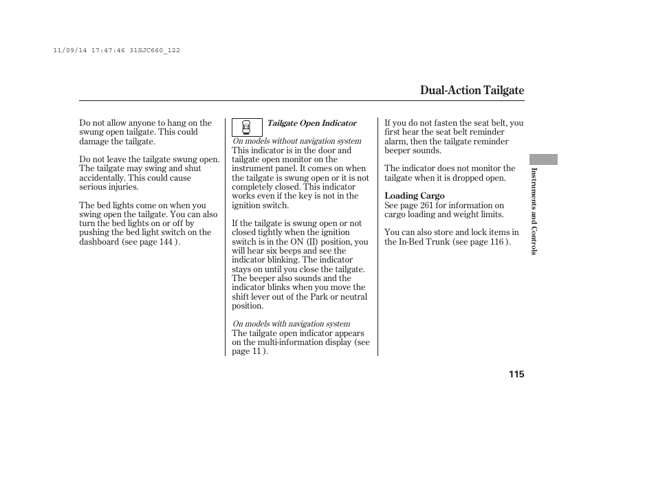 Dual-action tailgate | HONDA 2012 Ridgeline User Manual | Page 123 / 430