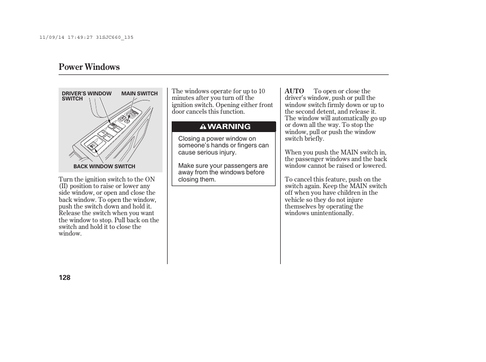 Power windows | HONDA 2012 Ridgeline User Manual | Page 136 / 430