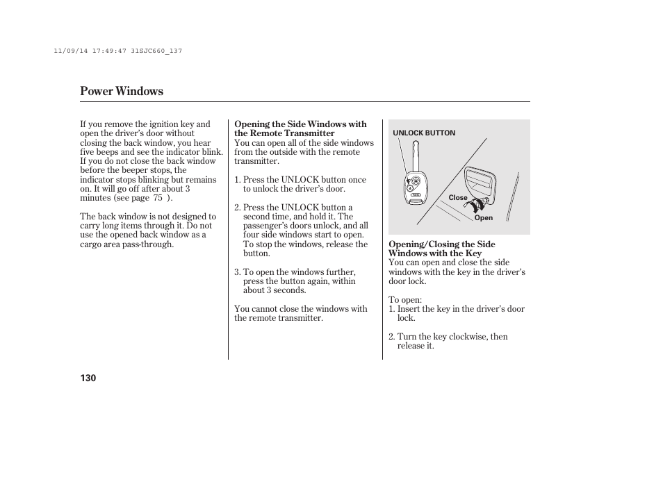 Power windows | HONDA 2012 Ridgeline User Manual | Page 138 / 430