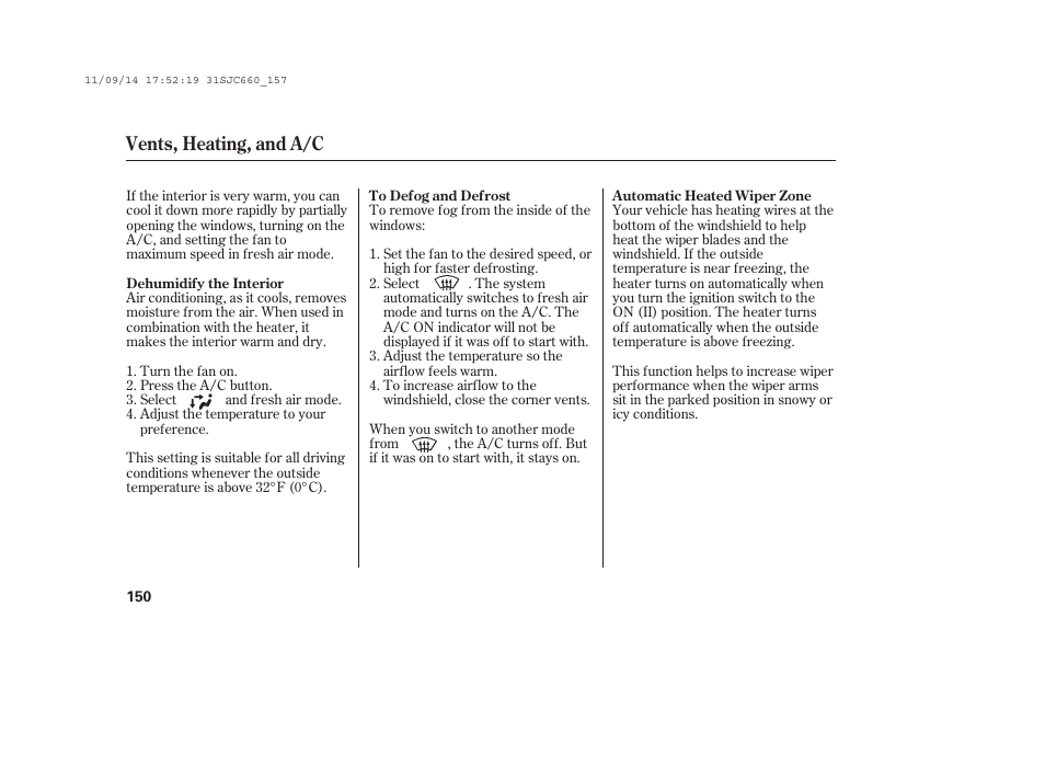 Vents, heating, and a/c | HONDA 2012 Ridgeline User Manual | Page 158 / 430