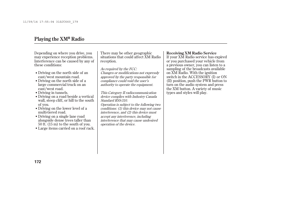 Playing the xm radio | HONDA 2012 Ridgeline User Manual | Page 180 / 430