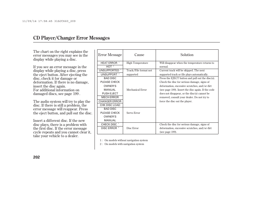 Cd player/changer error messages | HONDA 2012 Ridgeline User Manual | Page 210 / 430