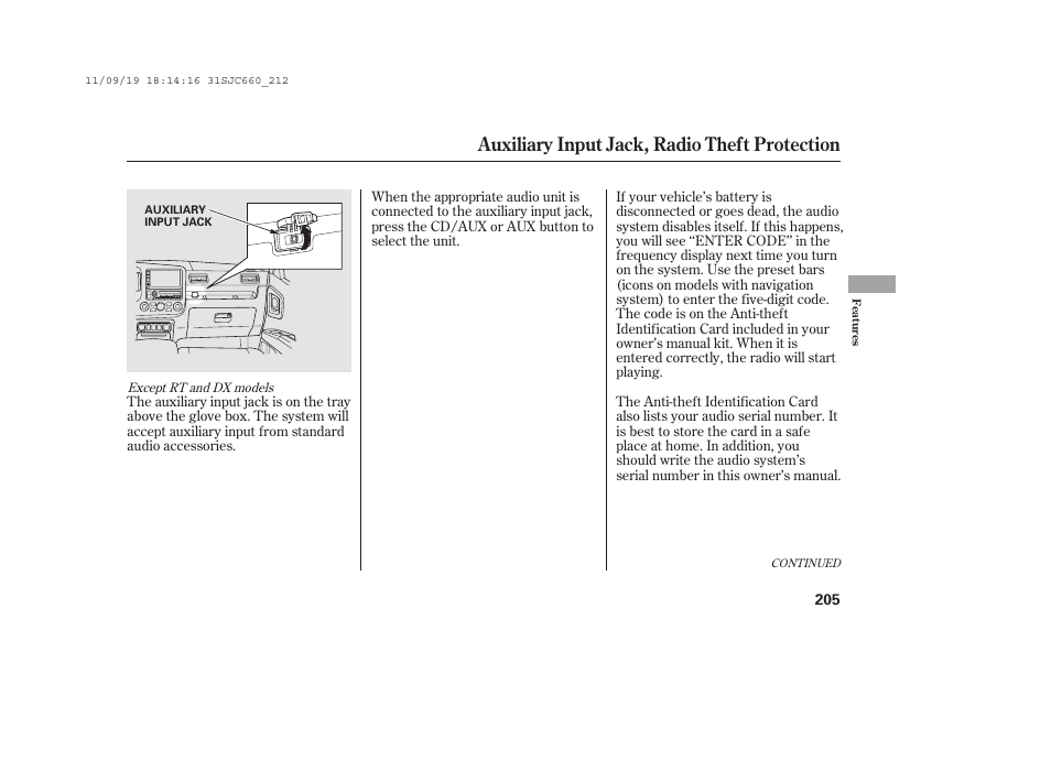 Auxiliary input jack, radio theft protection | HONDA 2012 Ridgeline User Manual | Page 213 / 430