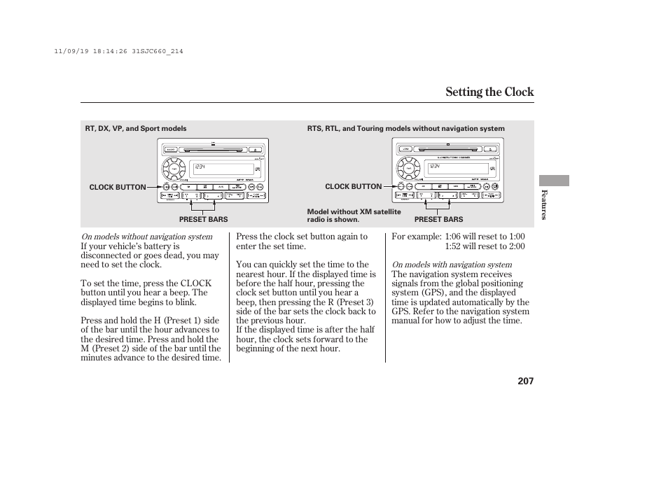 Setting the clock | HONDA 2012 Ridgeline User Manual | Page 215 / 430