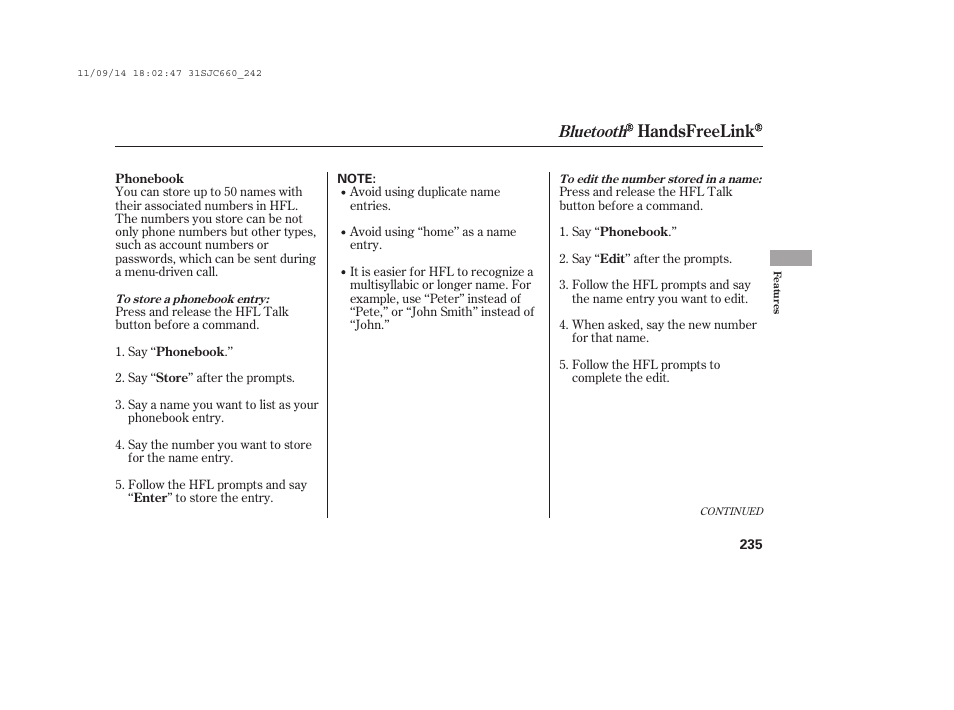 Handsfreelink, Bluetooth | HONDA 2012 Ridgeline User Manual | Page 243 / 430