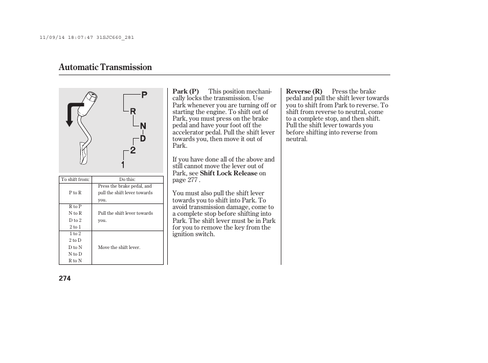 Automatic transmission | HONDA 2012 Ridgeline User Manual | Page 282 / 430