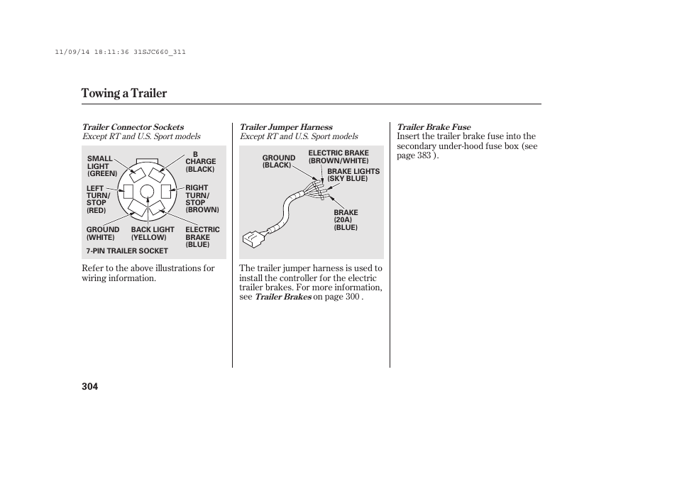 Towing a trailer | HONDA 2012 Ridgeline User Manual | Page 312 / 430