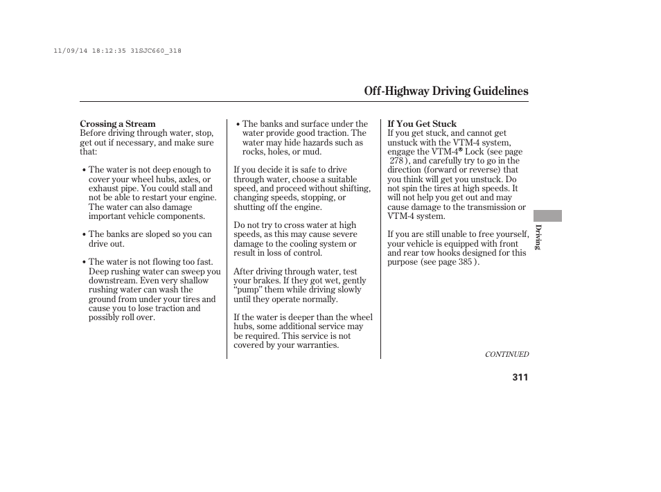 Off-highway driving guidelines | HONDA 2012 Ridgeline User Manual | Page 319 / 430
