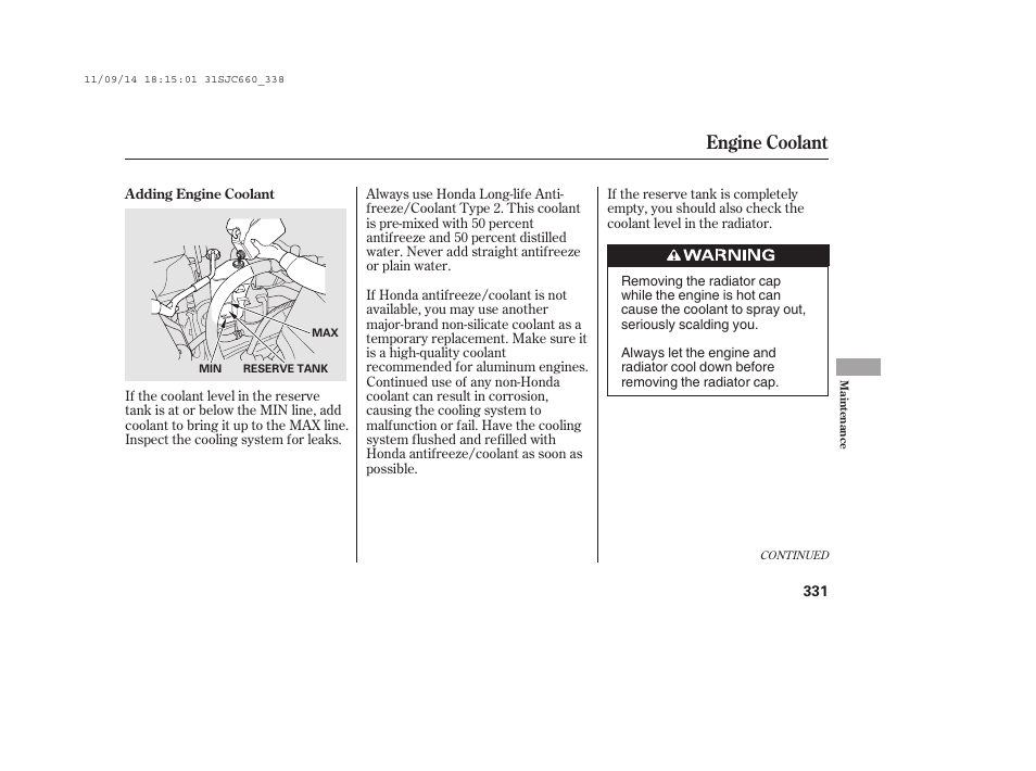 Engine coolant | HONDA 2012 Ridgeline User Manual | Page 339 / 430