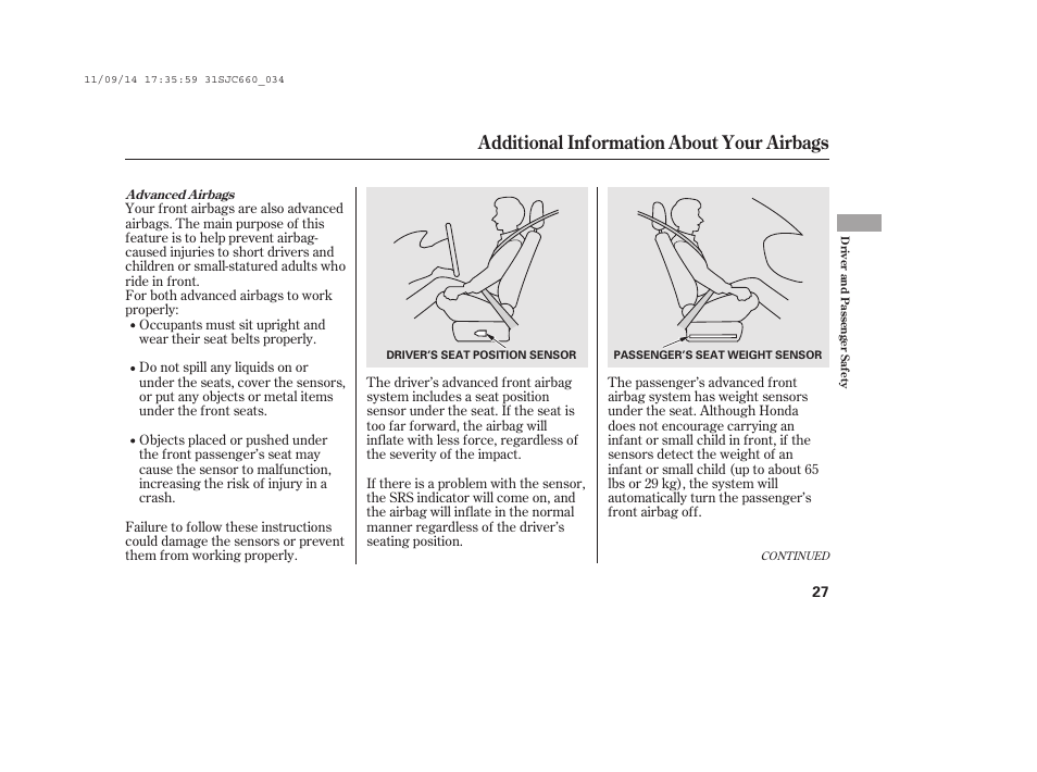 Additional information about your airbags | HONDA 2012 Ridgeline User Manual | Page 35 / 430