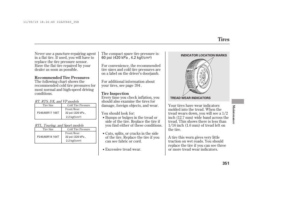 Tires | HONDA 2012 Ridgeline User Manual | Page 359 / 430