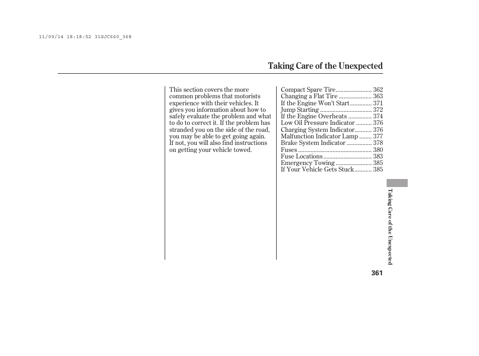 Taking care of the unexpected | HONDA 2012 Ridgeline User Manual | Page 369 / 430