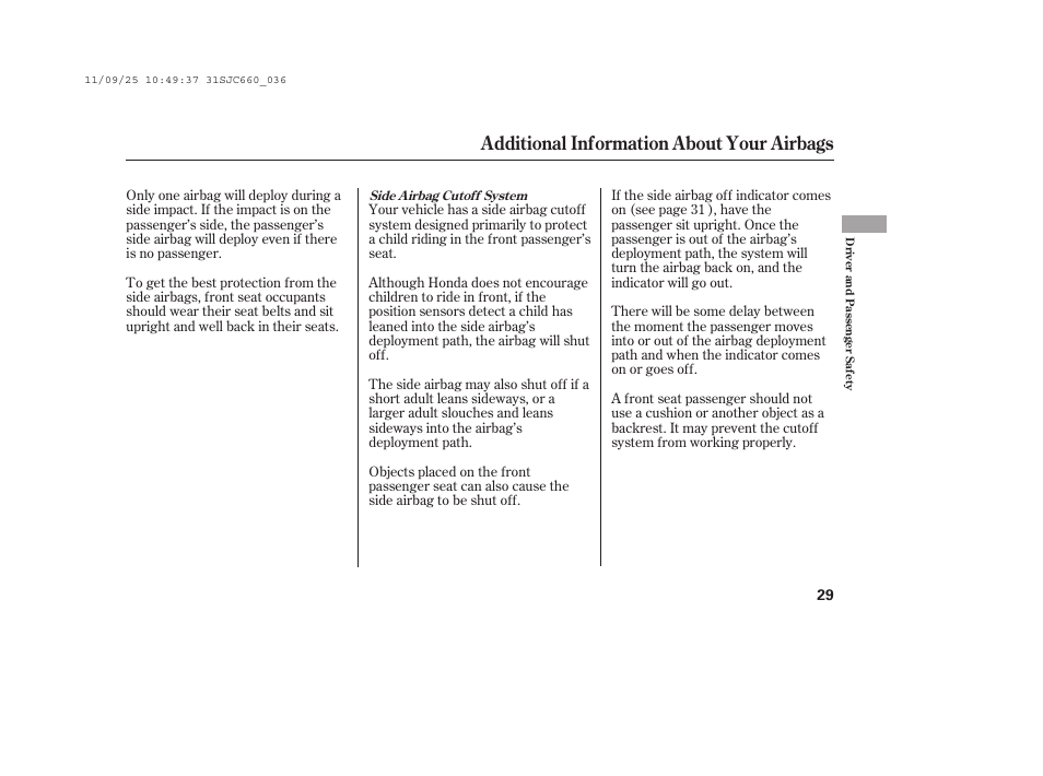 Additional information about your airbags | HONDA 2012 Ridgeline User Manual | Page 37 / 430