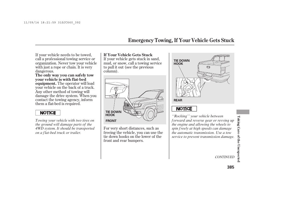 Emergency towing, if your vehicle gets stuck | HONDA 2012 Ridgeline User Manual | Page 393 / 430