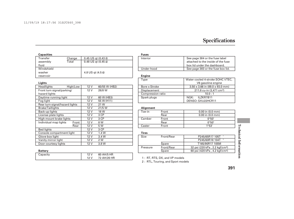 Specifications | HONDA 2012 Ridgeline User Manual | Page 399 / 430