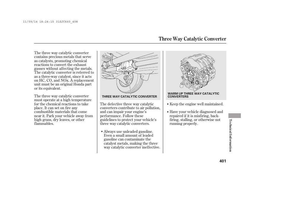 Three way catalytic converter | HONDA 2012 Ridgeline User Manual | Page 409 / 430