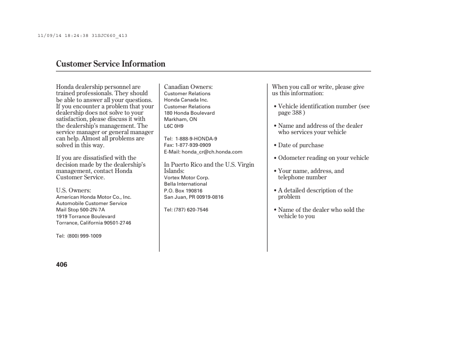 Customer service information | HONDA 2012 Ridgeline User Manual | Page 414 / 430