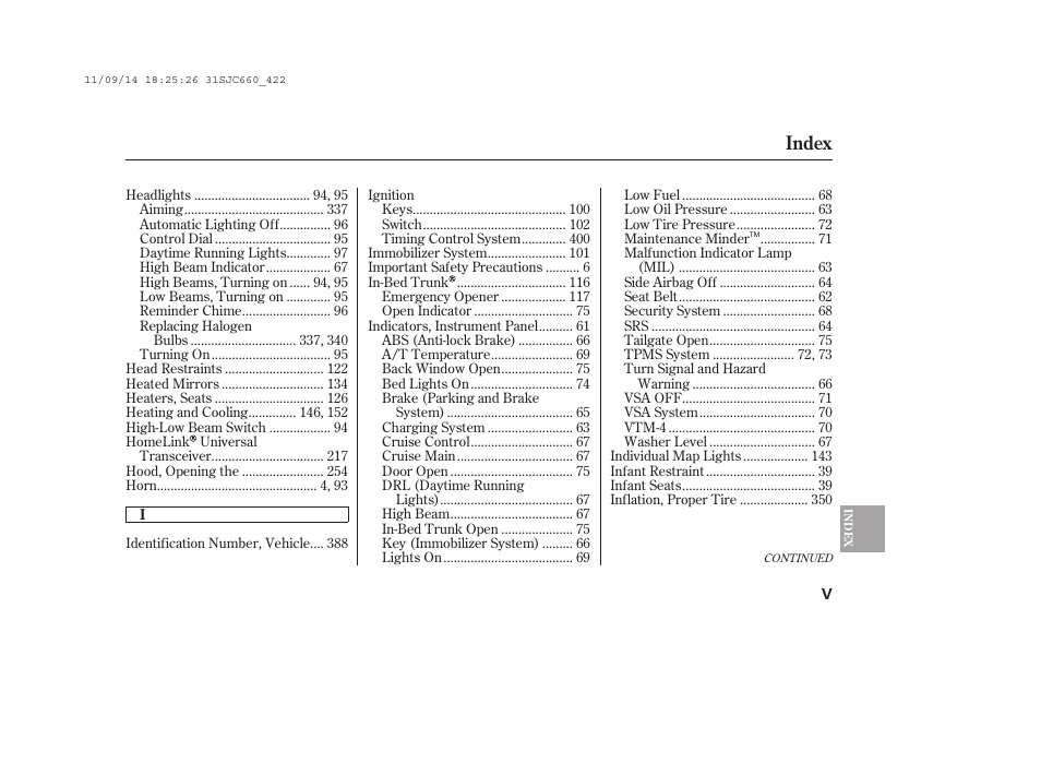 Index | HONDA 2012 Ridgeline User Manual | Page 423 / 430