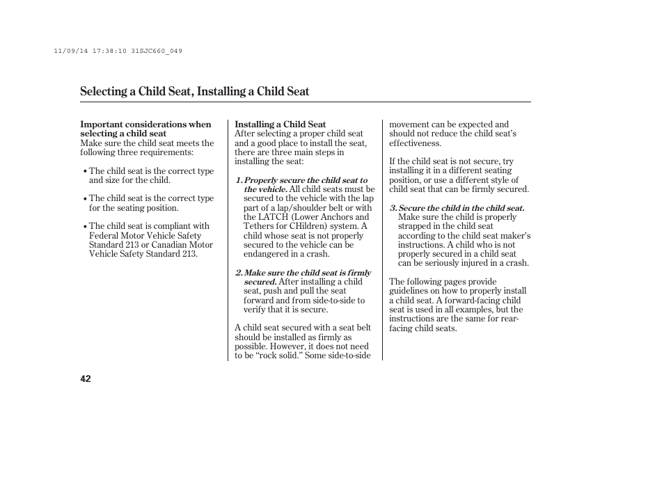 Selecting a child seat, installing a child seat | HONDA 2012 Ridgeline User Manual | Page 50 / 430