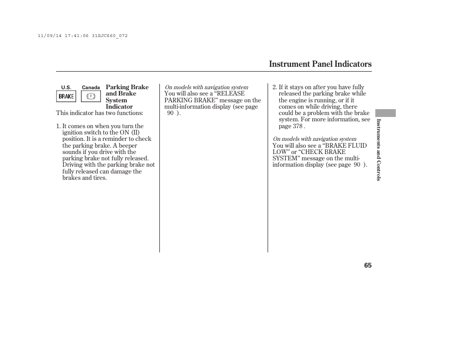 Instrument panel indicators | HONDA 2012 Ridgeline User Manual | Page 73 / 430