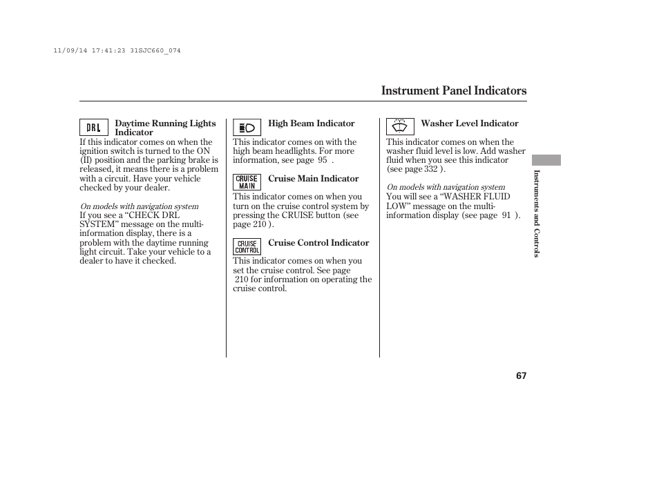 Instrument panel indicators | HONDA 2012 Ridgeline User Manual | Page 75 / 430