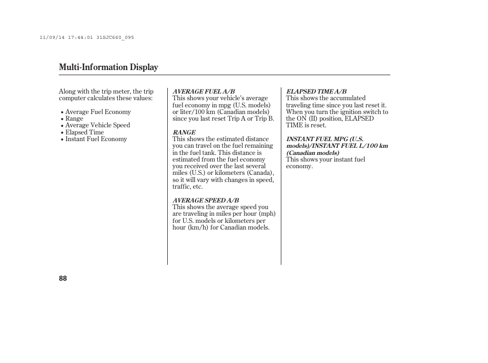 Multi-information display | HONDA 2012 Ridgeline User Manual | Page 96 / 430