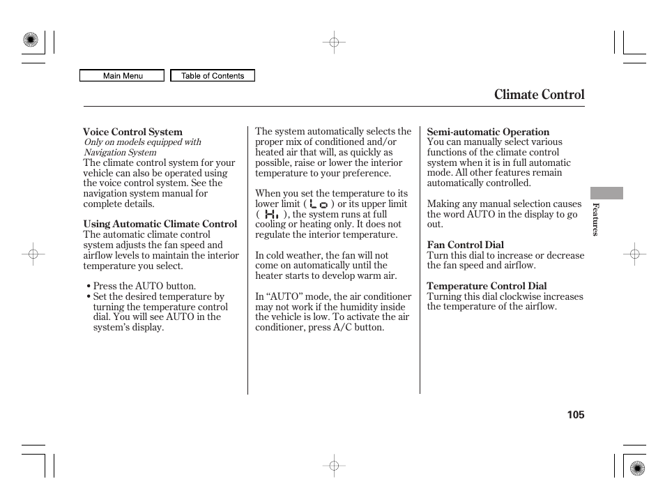 Fan control dial, Temperature control dial, Auto button | Climate control | HONDA 2010 Civic Hybrid User Manual | Page 108 / 368