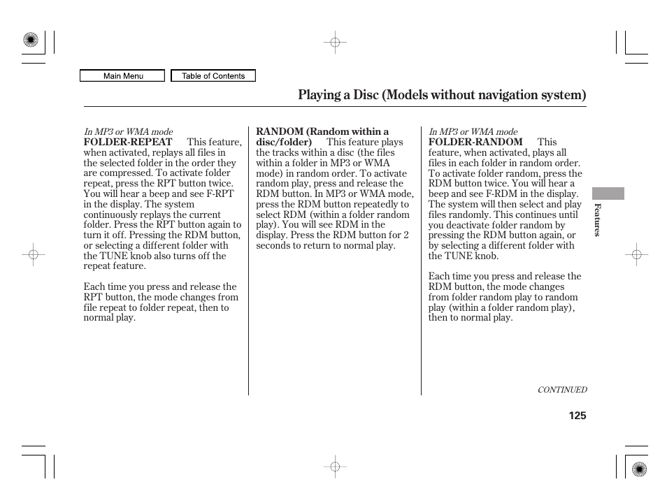 Random button, Playing a disc (models without navigation system) | HONDA 2010 Civic Hybrid User Manual | Page 128 / 368