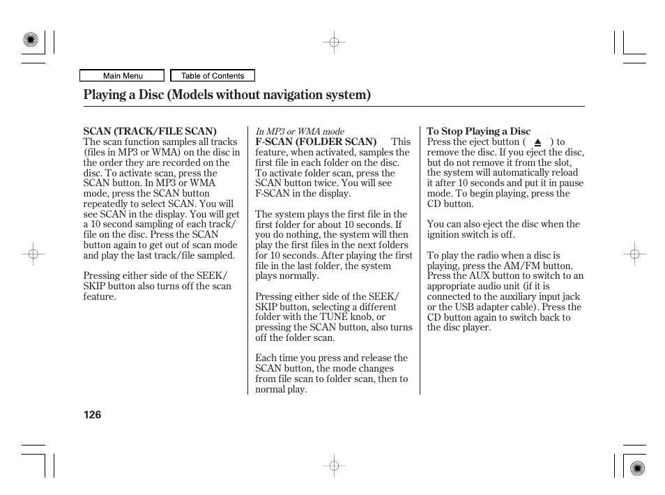 Scan button, Eject button, Playing a disc (models without navigation system) | HONDA 2010 Civic Hybrid User Manual | Page 129 / 368