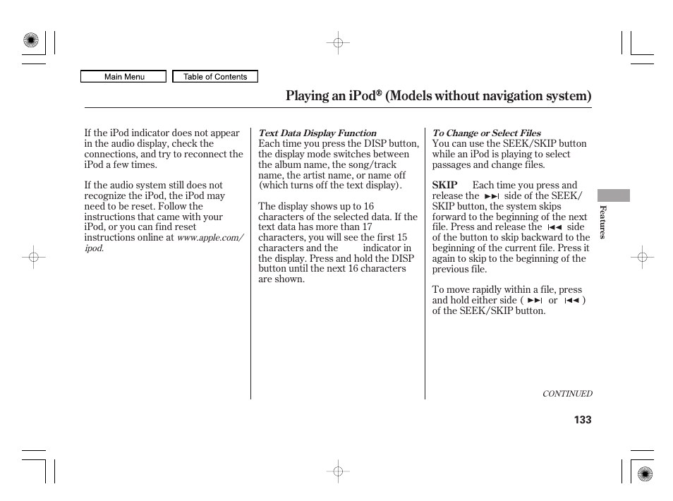 Seek/skip button, Ipod indicator, Disp (display) button | Playing an ipod (models without navigation system) | HONDA 2010 Civic Hybrid User Manual | Page 136 / 368