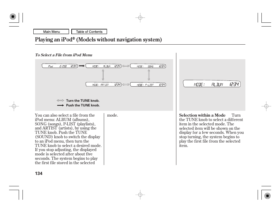 Playing an ipod (models without navigation system) | HONDA 2010 Civic Hybrid User Manual | Page 137 / 368