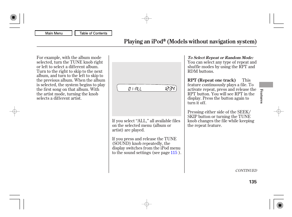 Rpt (repeat) button, Playing an ipod (models without navigation system) | HONDA 2010 Civic Hybrid User Manual | Page 138 / 368