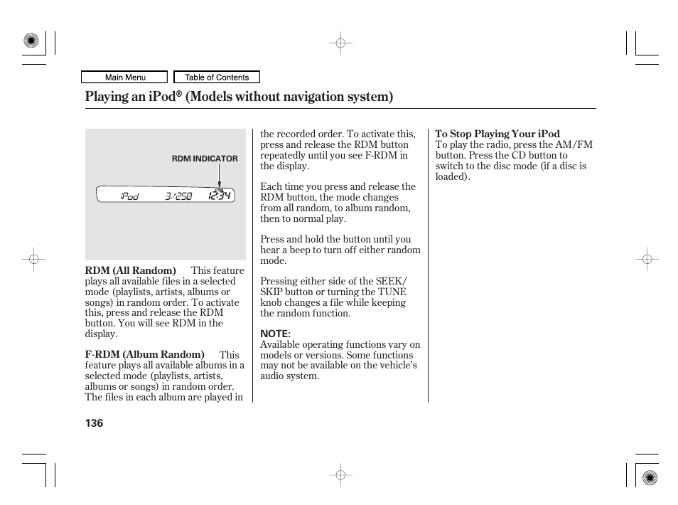 Rdm (random) button, Playing an ipod (models without navigation system) | HONDA 2010 Civic Hybrid User Manual | Page 139 / 368