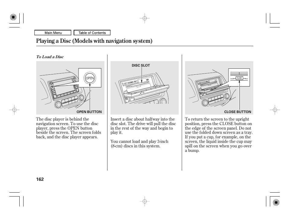 Open button, Playing a disc (models with navigation system) | HONDA 2010 Civic Hybrid User Manual | Page 165 / 368