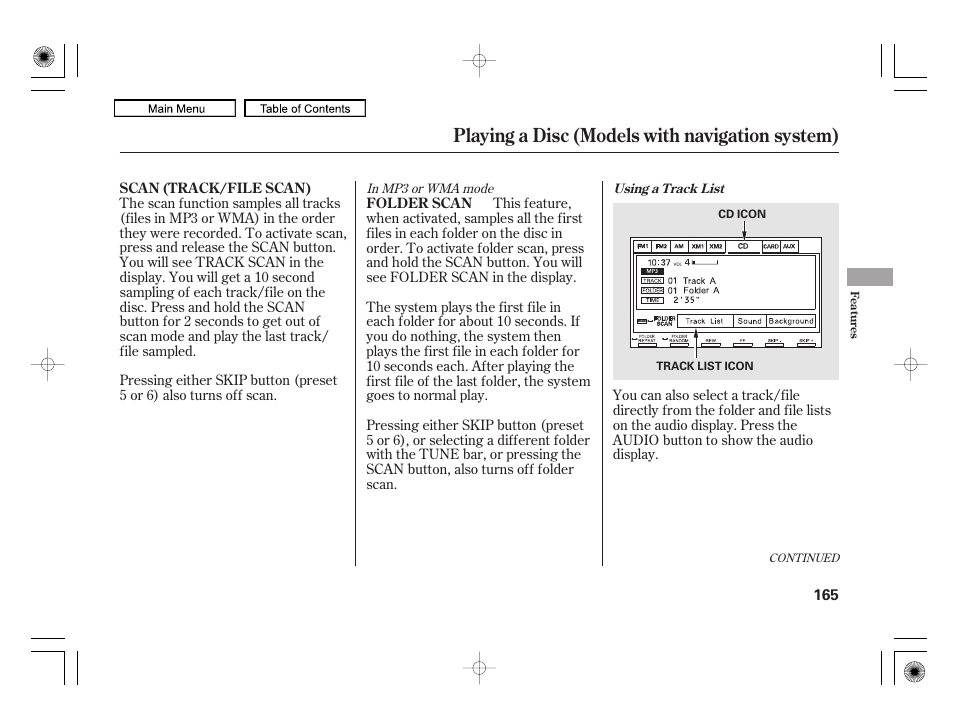 Scan button, Playing a disc (models with navigation system) | HONDA 2010 Civic Hybrid User Manual | Page 168 / 368