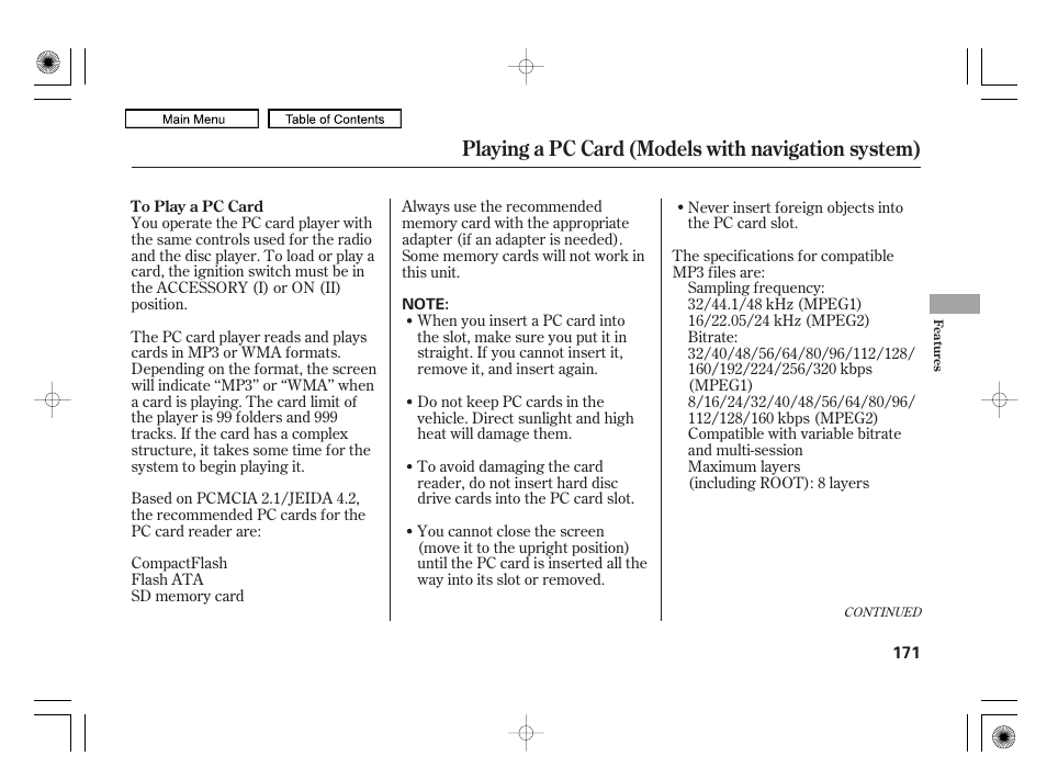 Playing a pc card (models with navigation system) | HONDA 2010 Civic Hybrid User Manual | Page 174 / 368