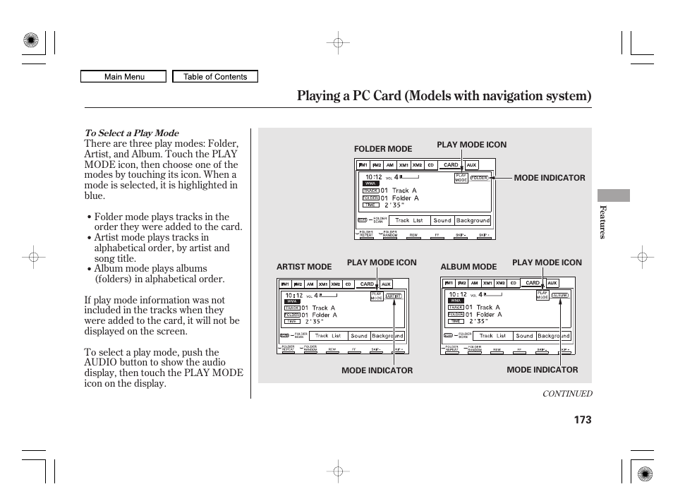 Play mode icon, Playing a pc card (models with navigation system) | HONDA 2010 Civic Hybrid User Manual | Page 176 / 368