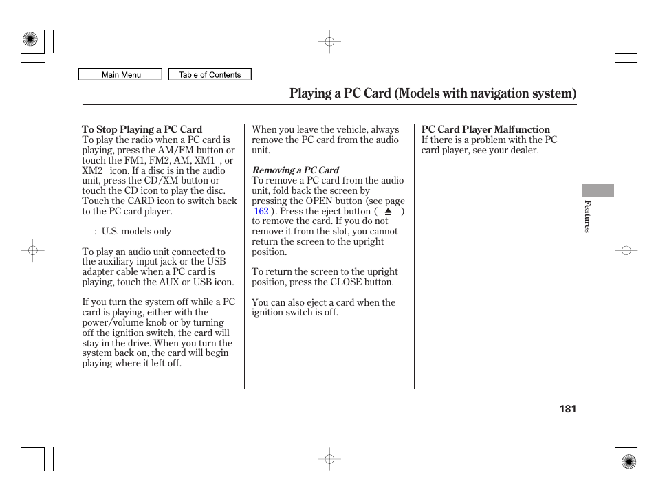 Cd/xm button, Playing a pc card (models with navigation system) | HONDA 2010 Civic Hybrid User Manual | Page 184 / 368