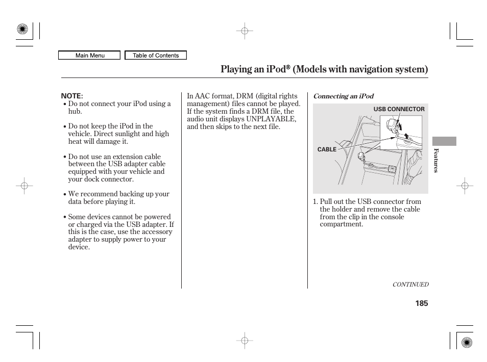 Playing an ipod (models with navigation system) | HONDA 2010 Civic Hybrid User Manual | Page 188 / 368