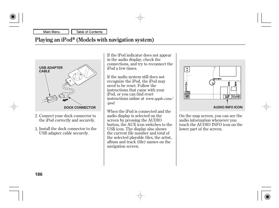 Playing an ipod (models with navigation system) | HONDA 2010 Civic Hybrid User Manual | Page 189 / 368