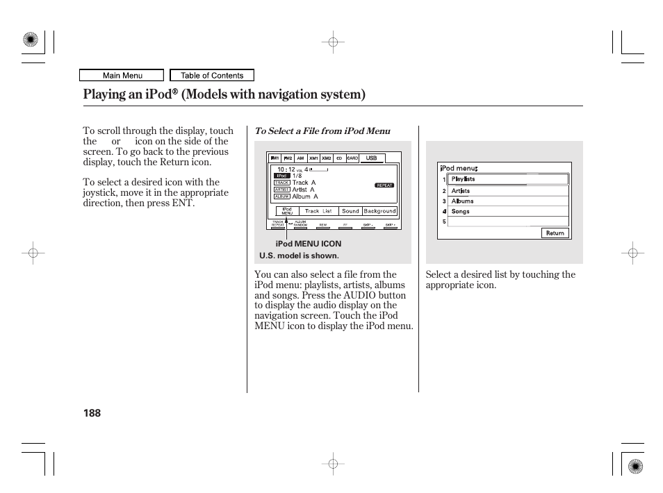 Playing an ipod (models with navigation system) | HONDA 2010 Civic Hybrid User Manual | Page 191 / 368