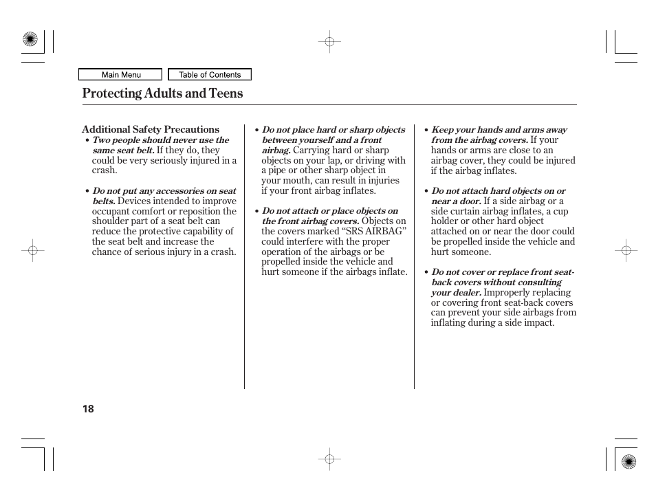 Protecting adults and teens | HONDA 2010 Civic Hybrid User Manual | Page 21 / 368